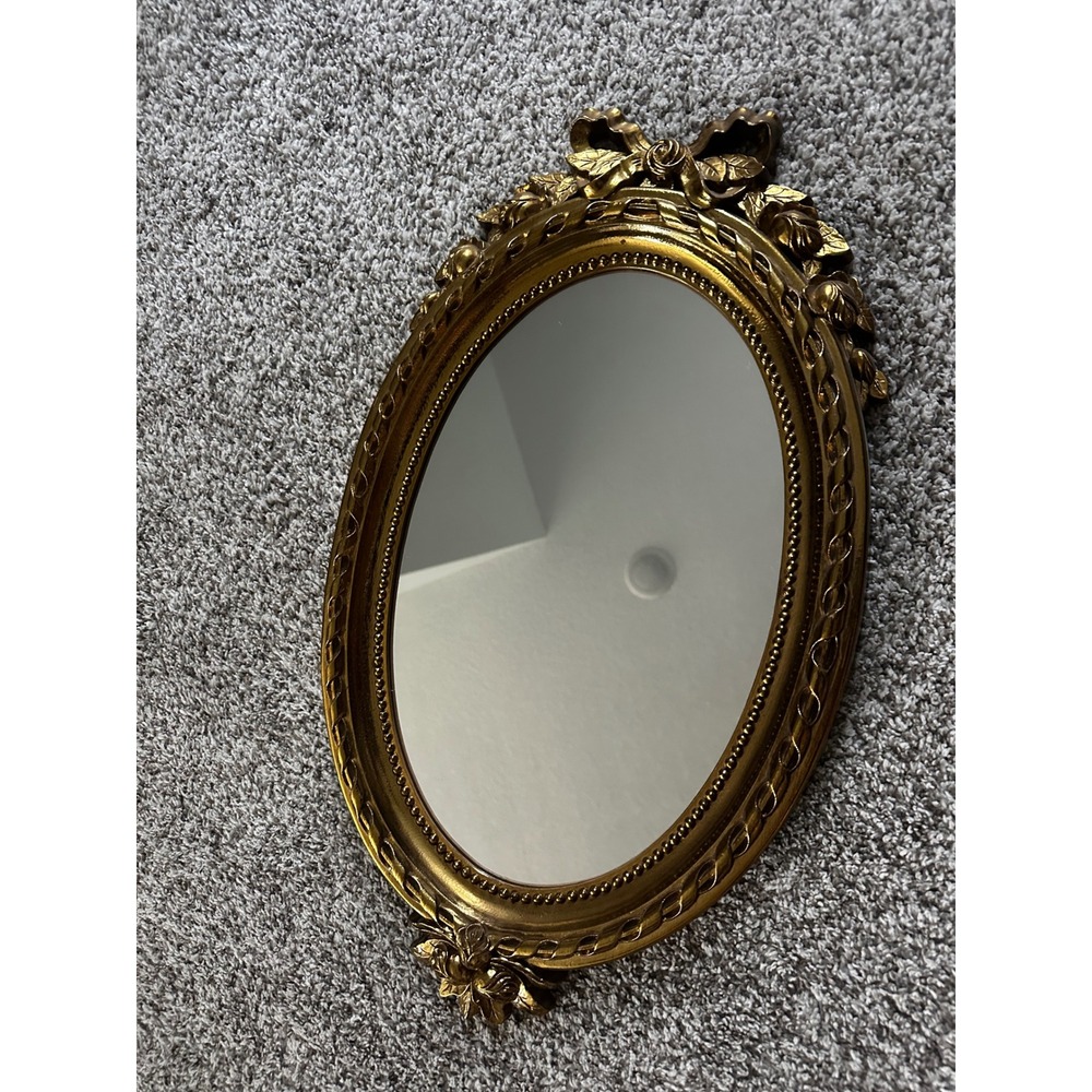 Vintage Ornate Gold Oval Wall Mirror Floral Bow Ribbon French Regency Style 14in